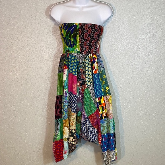 Colorful Patchwork Strapless Harem Bubble Romper - Picture 2 of 10